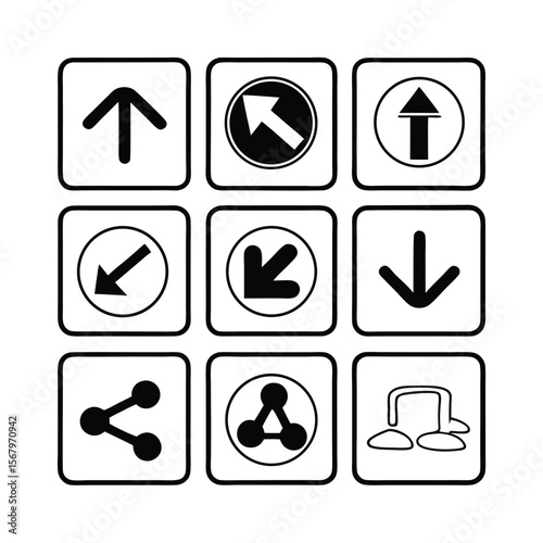 Set of black and white icons for upload download and sharing functions