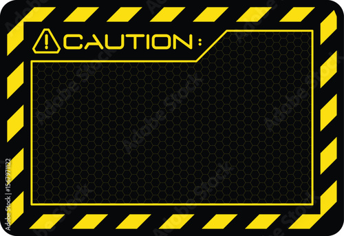 futuristic caution warning label template with yellow hazard border on black hexagon background