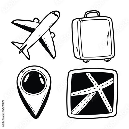 Collection of minimalist travel icons featuring planes luggage and location markers