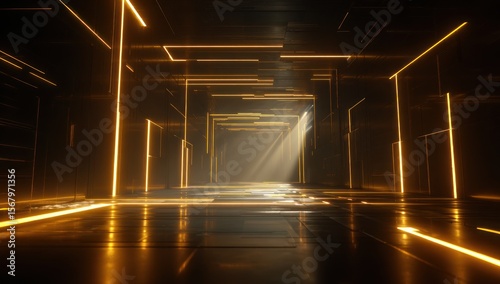 Dark, futuristic tunnel with golden light