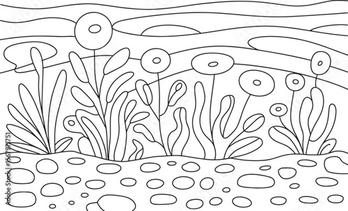 Underwater Landscape with Sea Plants and Rocks Line Art Vector Illustration, Underwater Scene Line Art, Sea Plants and Rocks, Ocean Floor Vector, Marine Landscape Outline, Aquatic Scene Drawing