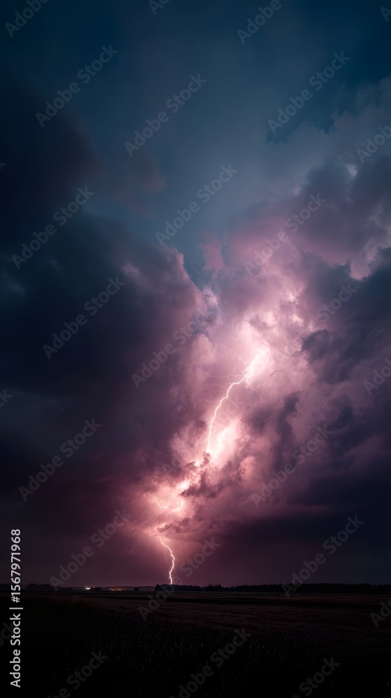 Powerful lightning bolt striking an open field at night Powerful lightning bolt striking an open field at night