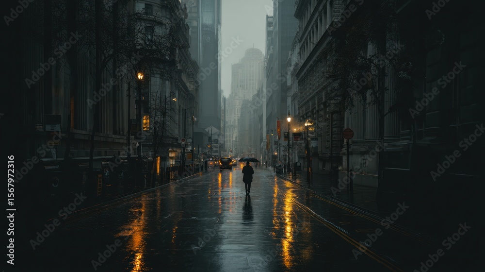 Fototapeta premium Solitary city stroll rainy night dramatic urban scene
