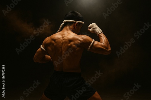 Powerful Muay Thai Fighter in Action Pose Highlighting Strength and Discipline