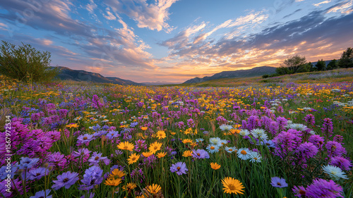 Colorful wildflower meadow in full bloom at sunrise, surrounded by mountains and glowing skies in spring.