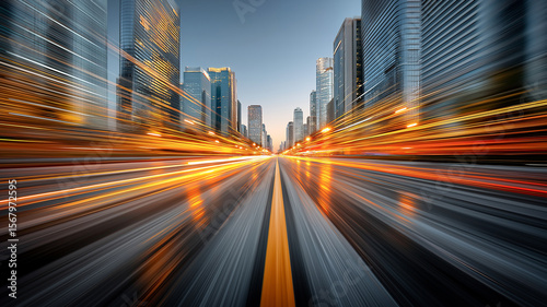 High-speed motion blur of city traffic lights through urban skyscrapers, symbolizing futuristic fast-paced travel.