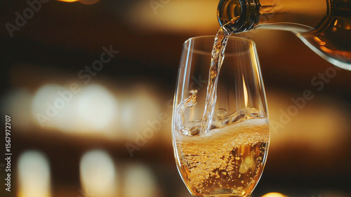 Sparkling wine being poured into a clear glass with golden bokeh lights in the background, elegant and festive.