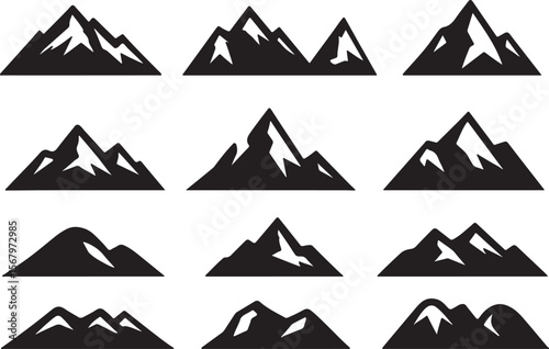 Collection of Mountain Peak Icons Black and White Vector Graphics