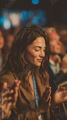 A young woman smiles and looks inspired while attending an event, surrounded by an applauding audience.