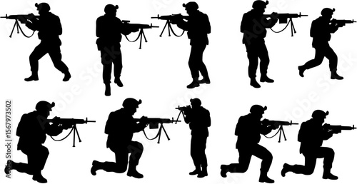vector silhouette of army military with machine guns on white background . Generative AI
