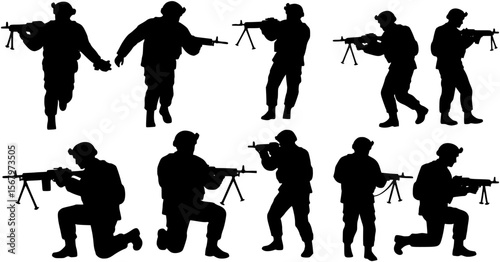 vector silhouette of army military with machine guns on white background . Generative AI
