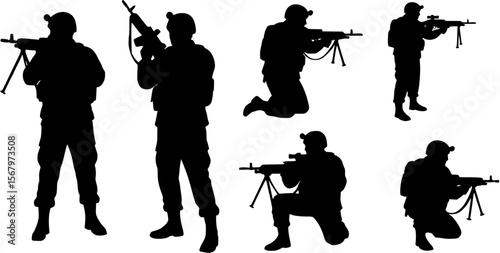 vector silhouette of army military with machine guns on white background . Generative AI
