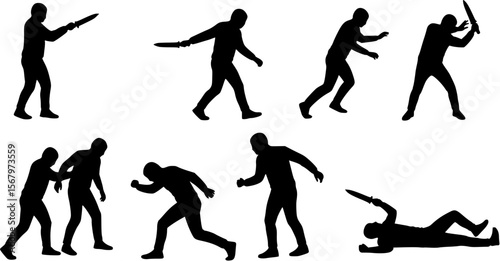 Knife attack scene black silhouette design on transparent background stock vector, knife, attack, scene, silhouette, vector, danger, crime, violence, aggression, weapon, threat, fight, criminal