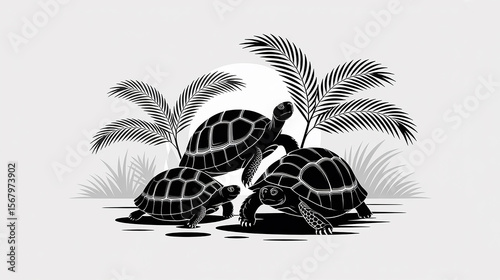 Silhouette of Three Tortoises in Tropical Paradise  A Monochrome Illustration