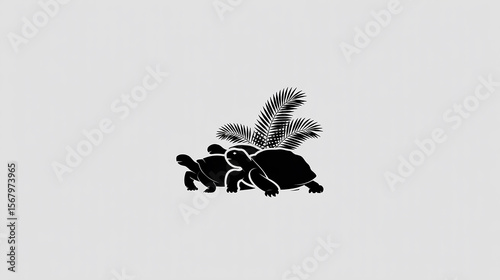 Silhouette of Two Turtles Mating with Palm Fronds