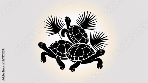 Three Turtles Silhouette with Palm Fronds Elegant Nature Illustration