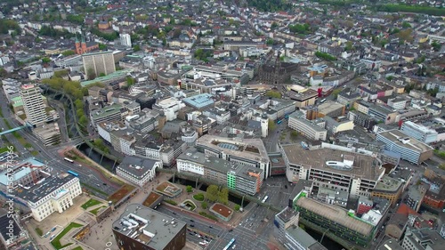 Aerial view around the old town of the city Wuppertal on a sunny autumn afternoon in Germany.