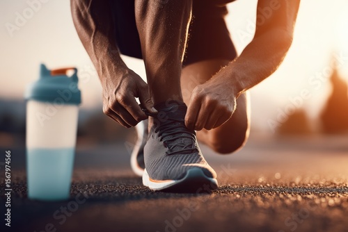 Close up of a male athlete tying his running shoes before a workout, with a sports bottle and water shaker on the side