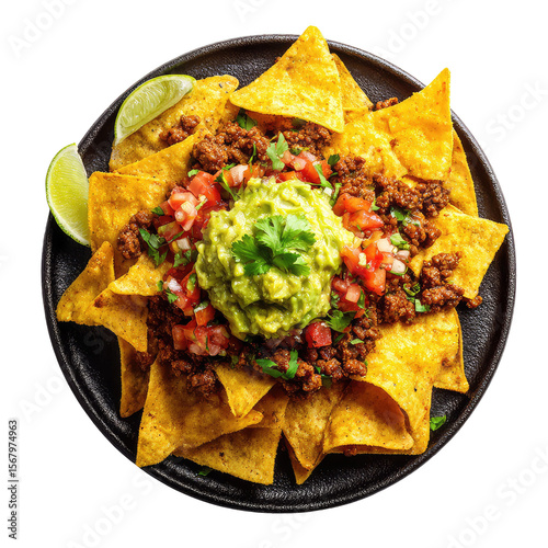 Corn chips nachos with fried minced meat and guacamole transparent background

