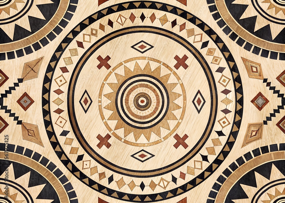 Fototapeta premium Intricate circular wood inlay pattern with geometric tribal motifs