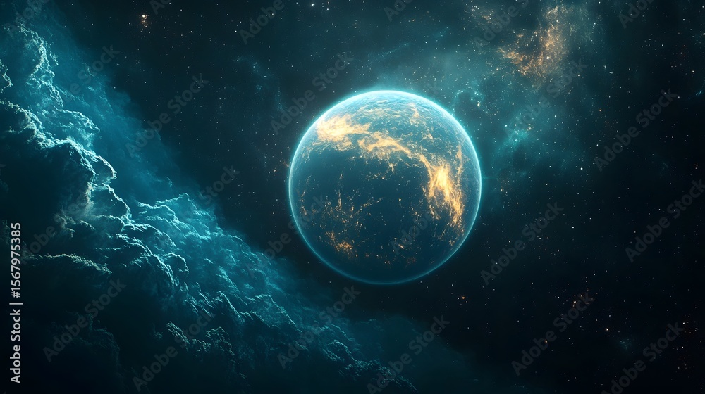 Fototapeta premium Glowing alien planet with luminous atmosphere and distant stars