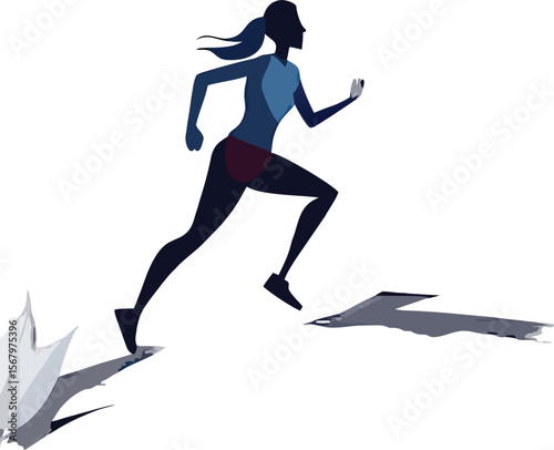 Athletic woman running and jumping over an obstacle in a dynamic silhouette style isolated on transparent background