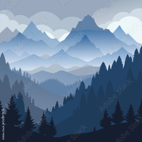 Serene blue mountain range landscape with layered hills and pine tree silhouettes isolated on transparent background silhouette