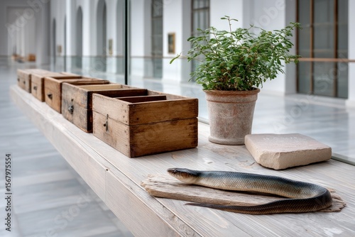 Wooden boxes and an eel on a light-colored wooden ledge in a museum