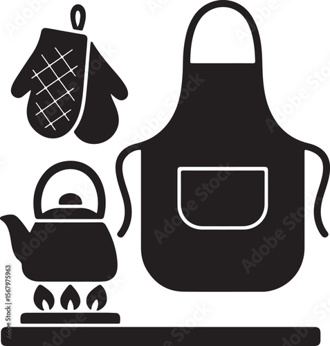Kitchen Essentials Apron, Oven Mitts, and Kettle Illustration