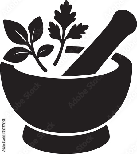 Herbal Remedy Mortar and Pestle with Fresh Herbs