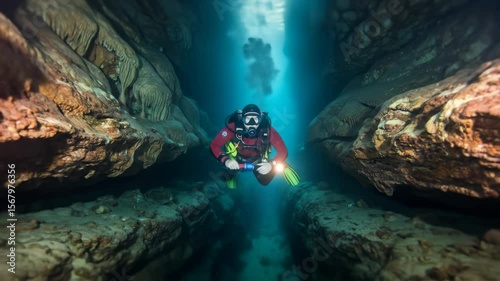 Scuba Diver Exploring Underwater Cave with Turquoise Water a Red Suit and Green Fins Holding Flashlight in the Dark with Rock Formations