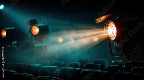 Dramatic spotlights illuminating empty theater seats