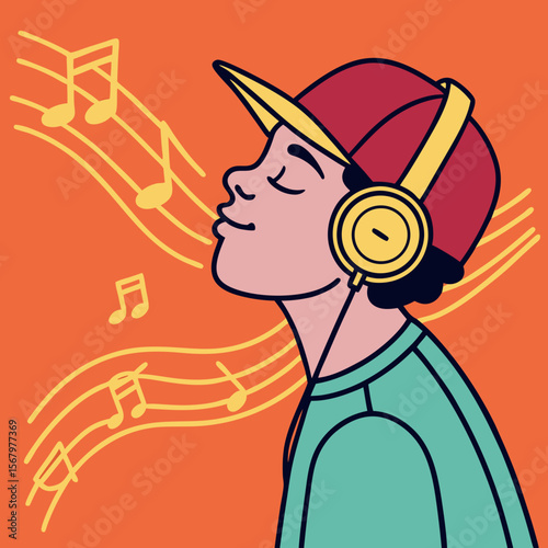 Headphones Listener Vector: Minimalist Flat Design Person Enjoying Music - Joyful Audio Experience for Relaxation, Hobby Lifestyle & Melody Appreciation

