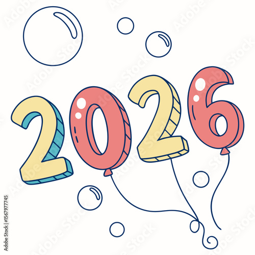 Playful 2026 Balloons – Rounded, Bouncy Numbers with Bubbles in Festive, Whimsical Vector Design for Happy New Year Celebration, Parties, Invitations, and Holiday Cheer

