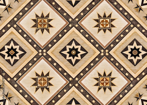 Intricate geometric wood inlay pattern with stars and diamonds in warm neutral tones