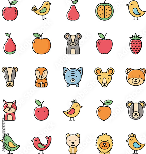 Colorful children cartoon icon collection. Simple kid art bundle includes child character, animal and nature