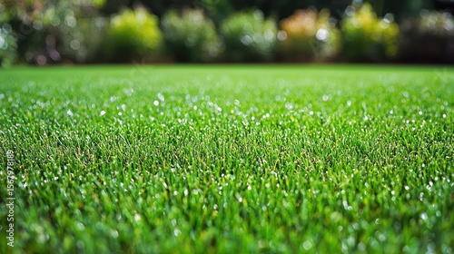 Close up of lush green grass, sunlit lawn area