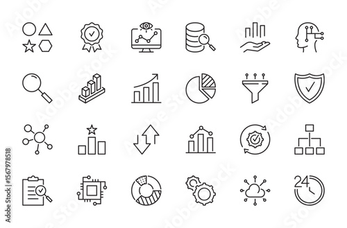 Data analysis icon set. Analytics, variety, validity, donut chart, processing, search, filter, mind map, ranking, traffic, optimization, evaluate, hardware, etc. Vector illustration. Editable stroke.