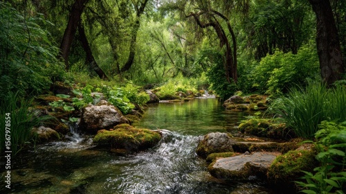 Serene forest stream lush greenery mossy rocks and flowing water