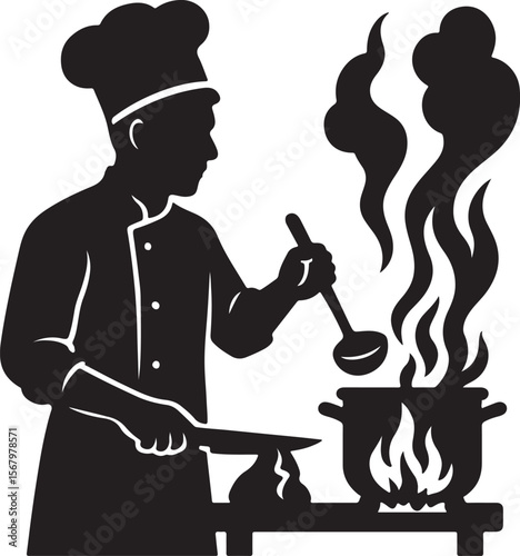 Silhouette of a Chef Cooking Delicious Food in a Pot on a Stove