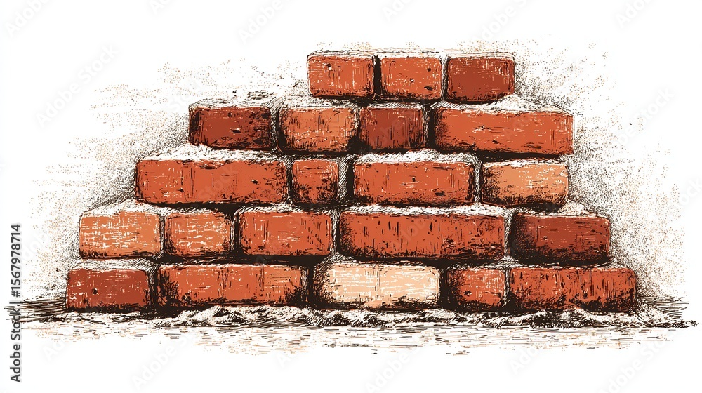 Obraz premium Stack of weathered orange bricks with white deposits, sketched with rough shading