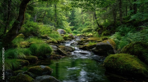 Serene forest stream lush green nature landscape