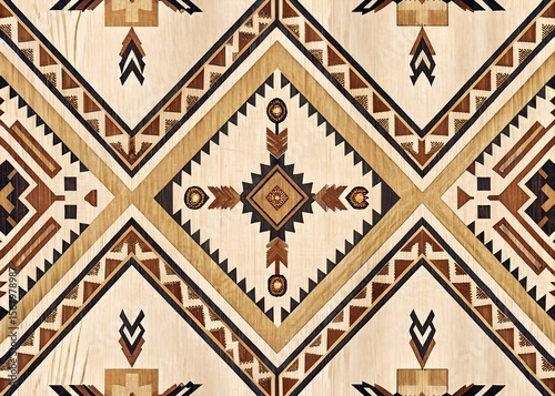 Geometric wood inlay pattern with native american inspired design elements