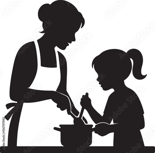 Silhouette of Mother and Daughter Cooking Together