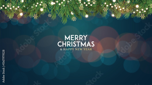 Merry christmas greeting card vector poster. Christmas elegant invitation template. Christmas decoration border with fir branches and golden glitter confetti and sparkles of lights vector design.