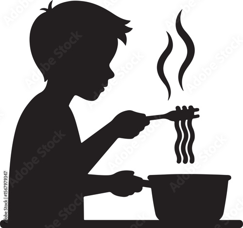 Silhouette of a Child Cooking Pasta A Culinary Illustration