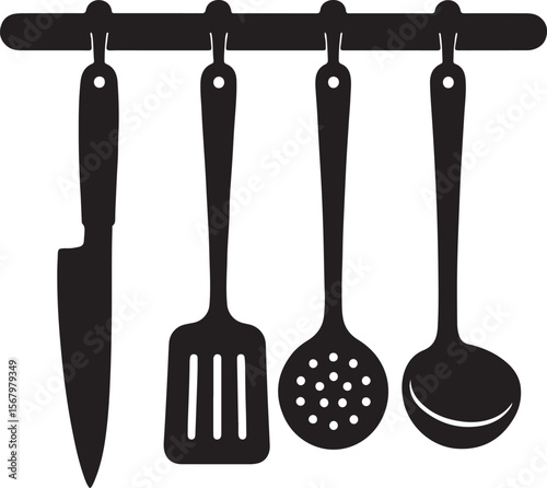 Elegant Black and White Kitchen Utensil Set Hanging on Rack