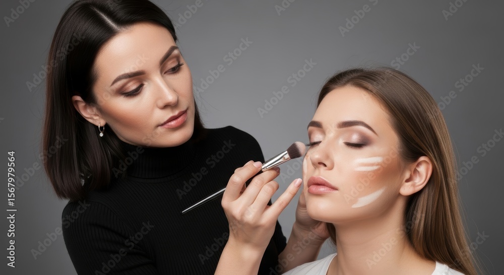 Female makeup artist applying contour to young caucasian woman's face Female makeup artist applying contour to young caucasian woman's face