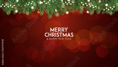 Merry christmas greeting card vector poster. Christmas elegant invitation template. Christmas decoration border with fir branches and golden glitter confetti and sparkles of lights vector design.
