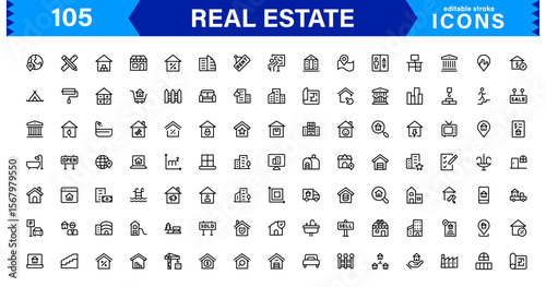 Property and Real Estate Icons Pack in Clean Vector Format with Housing, Building, and Rental Elements.